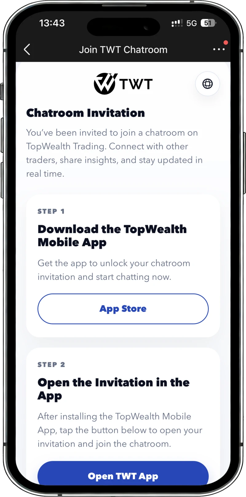 TopWealth Chatroom invitation screen